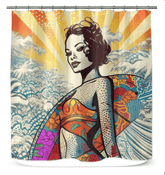 Surfing 5 27 Shower Curtain with a chic and elegant surfboard and wave design, perfect for enhancing your bathroom's aesthetic.